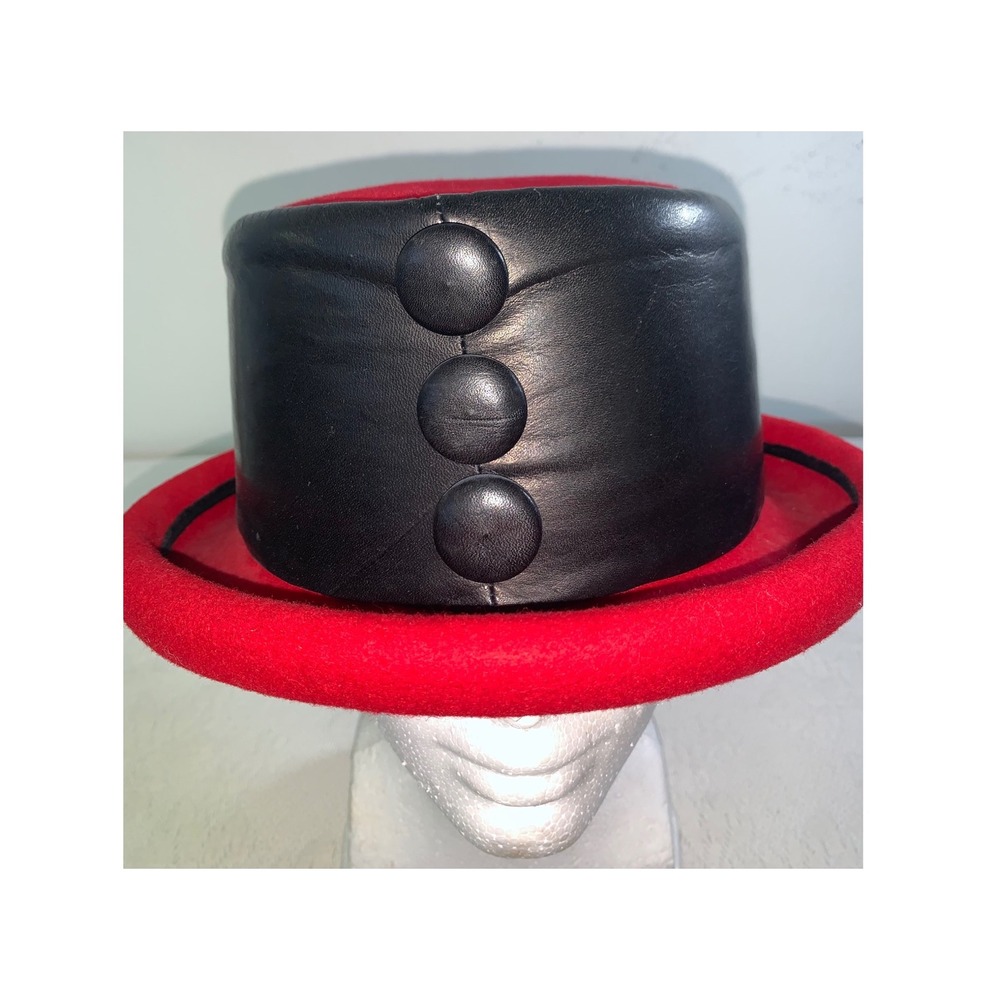Eric Javits Vintage 80s Red Wool Felt Black Leather Equestrian Hat New With Tags